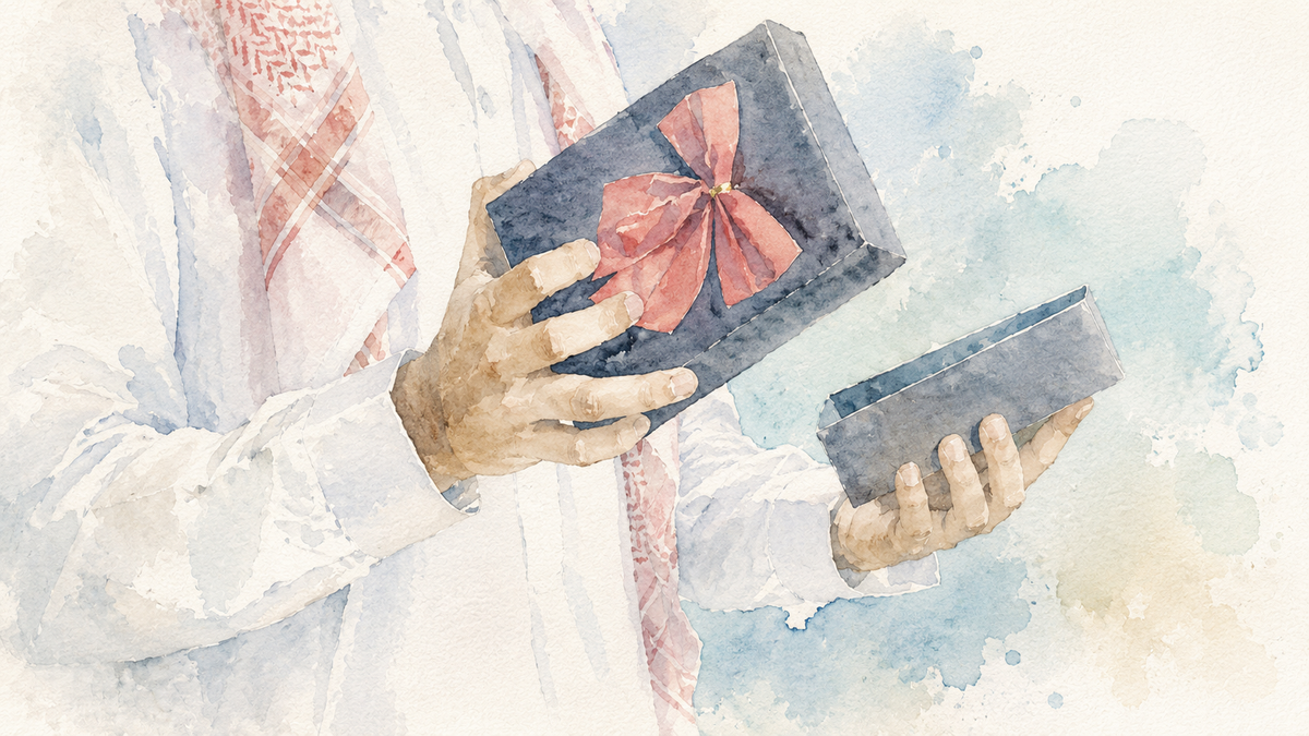 Soft watercolor illustration of an Emirati man in traditional attire opening an elegant gift box with a pink ribbon, painted in a light blue pastel palette.