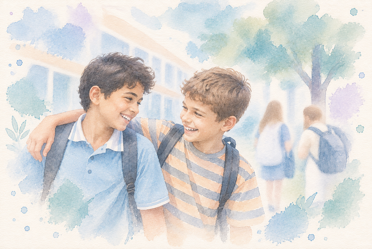 Child making friends at school and building confidence and social skills with friends