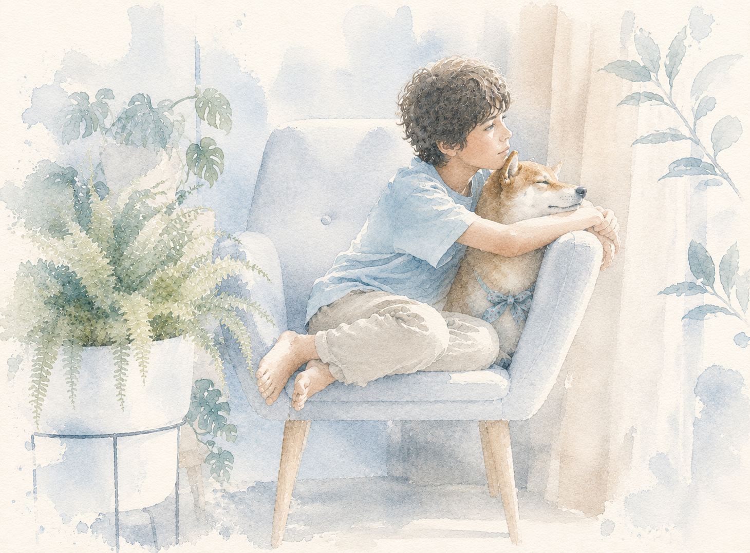 Child sitting on a chair by the window, looking outside and feeling thoughtful about going back to school.