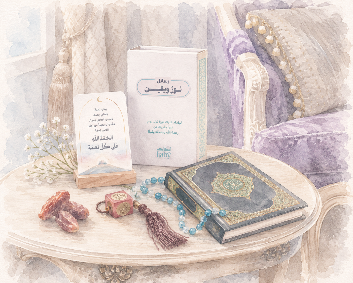 Elegant Islamic gift set featuring Noor & Yaqeen Messages, a luxury prayer mat, and spiritual gifts for Ramadan and Eid in the UAE.