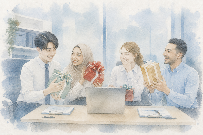 Four coworkers exchanging wrapped holiday gifts around a laptop in a decorated office, illustrated in a soft watercolor style