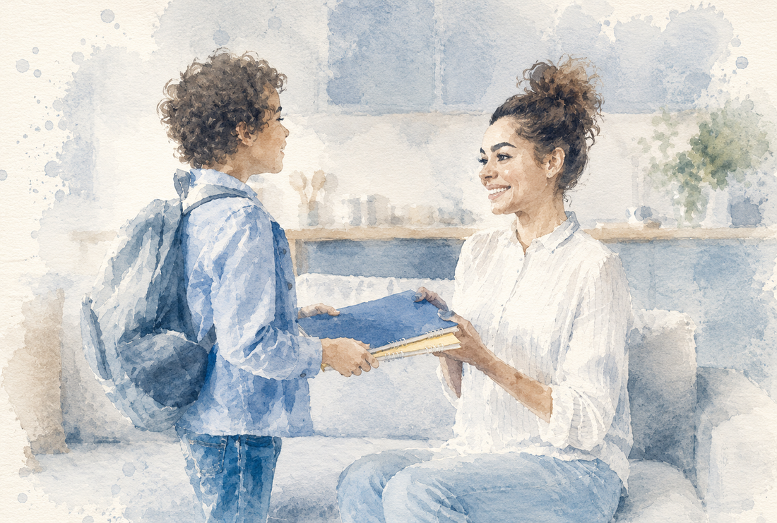 Mother and son preparing for back to school together at home, getting ready for the new school year.