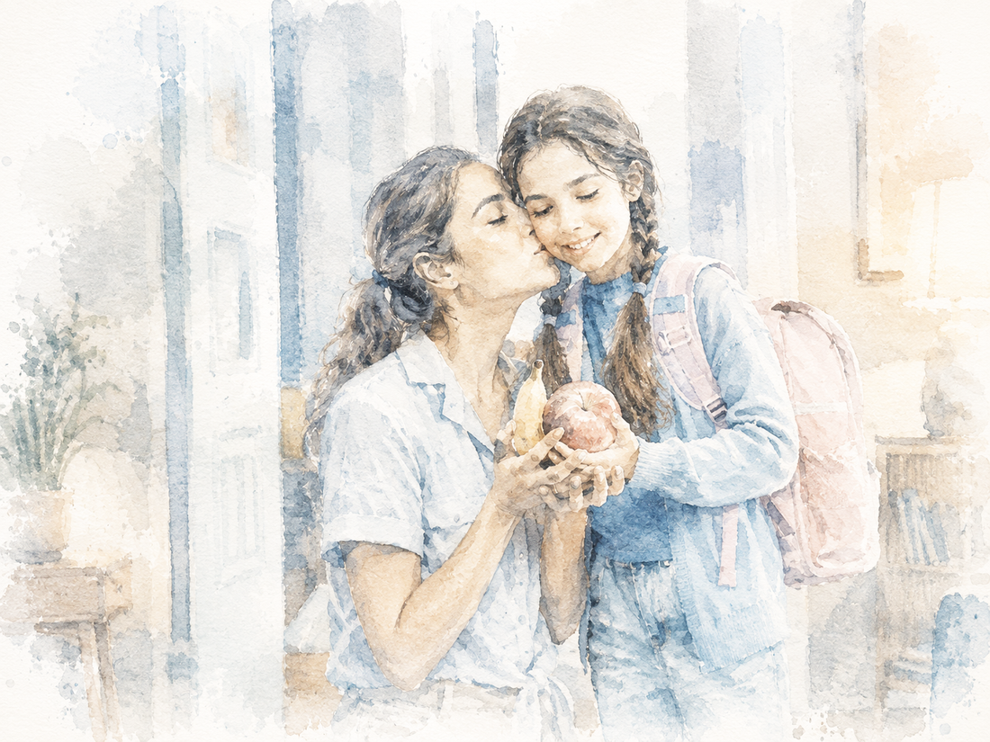 Mother giving her daughter school supplies and a snack before leaving for school.