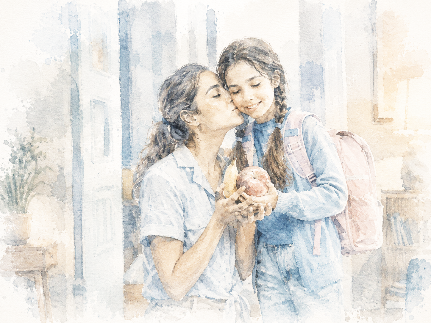 Mother giving her daughter school supplies and a snack before leaving for school.