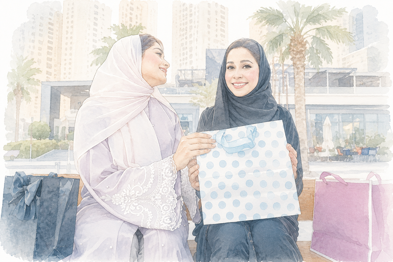 Two women in Dubai exchanging a meaningful Ramadan gift, inspired by Islamic gift ideas, daily adhkar cards, and thoughtful presents in the UAE.