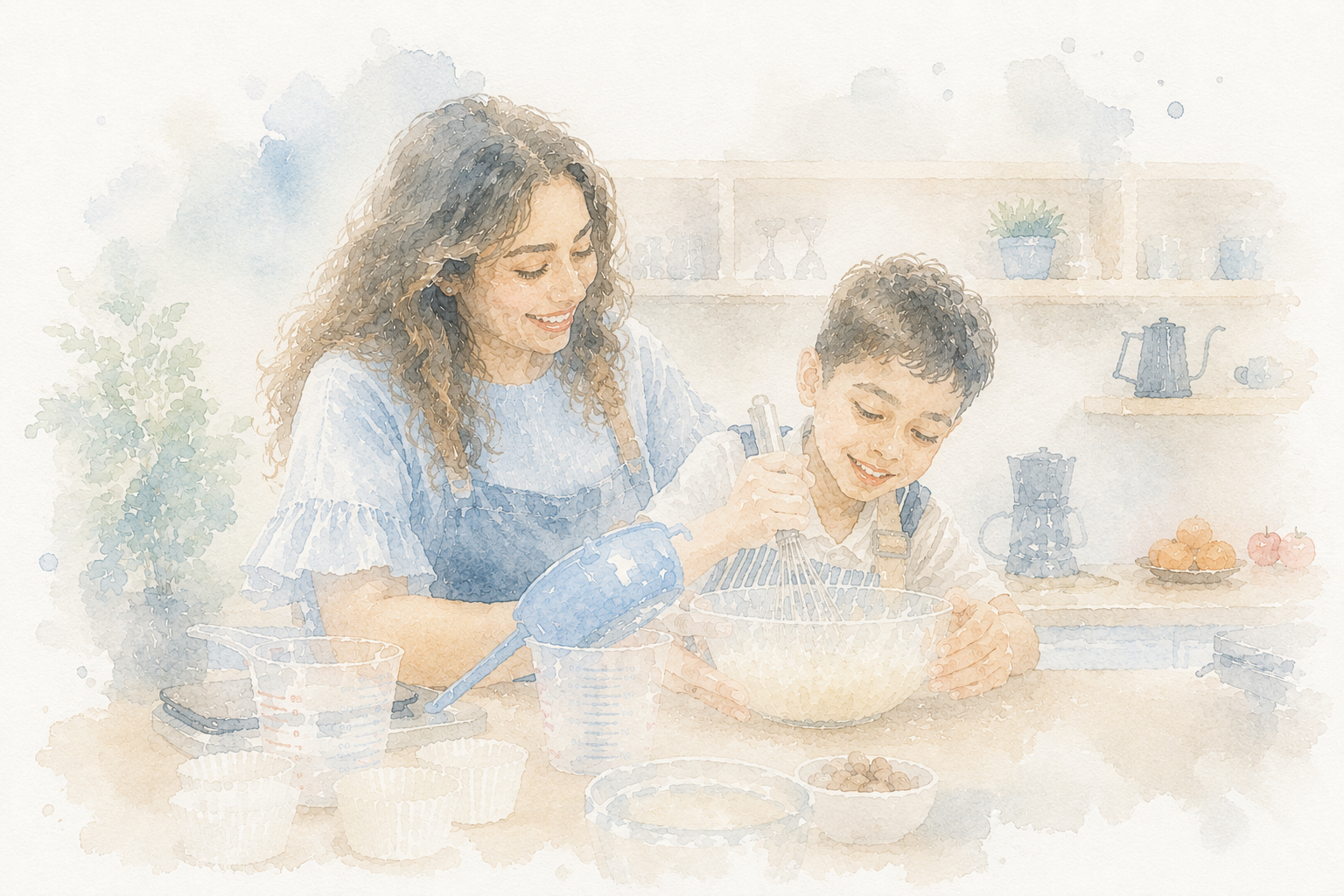 Watercolor illustration of a mother and young boy baking together in a bright kitchen, mixing ingredients in a bowl with measuring cups and cupcake liners nearby.