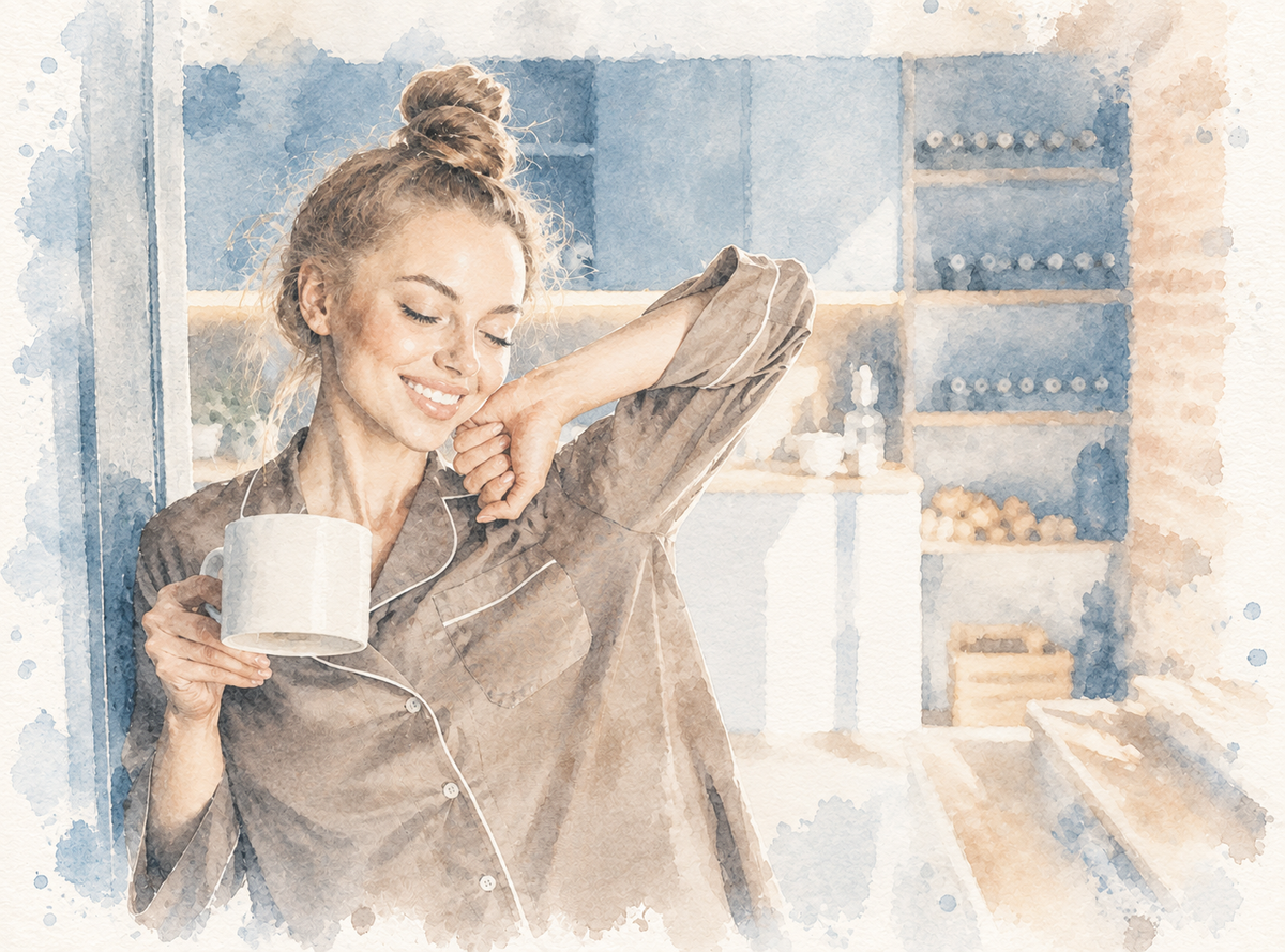**Alt text:** Woman enjoying a calm morning routine with coffee, skincare, positive morning messages, and simple self-care habits.