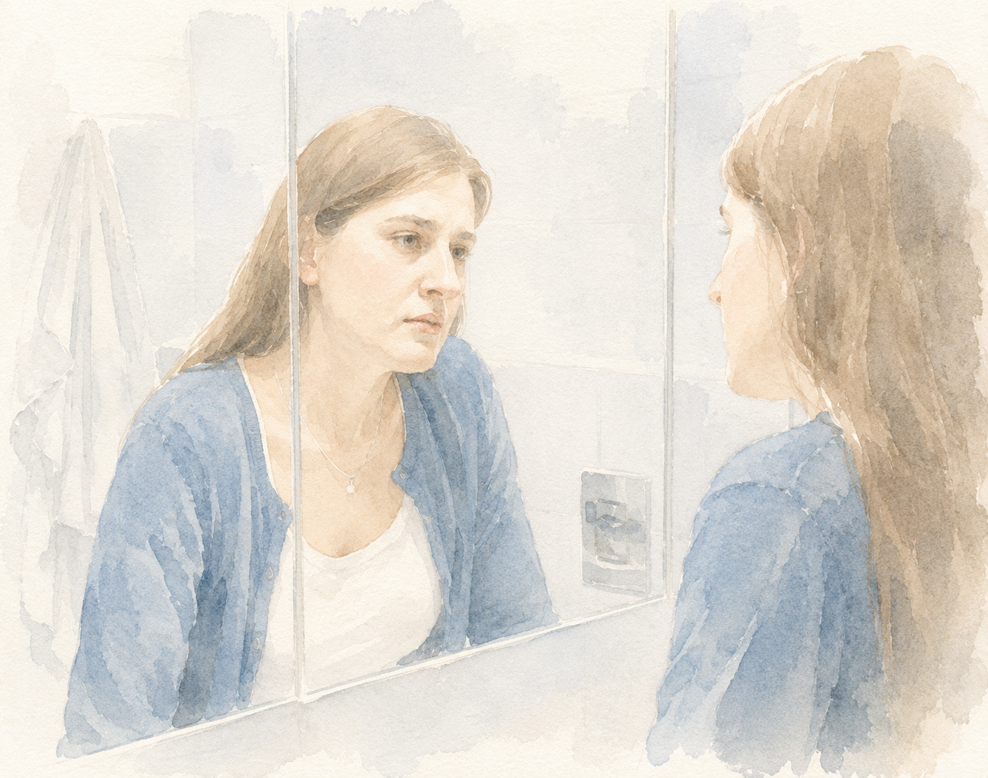 Woman looking at herself in the mirror while struggling with self-criticism and negative thoughts, symbolizing the journey toward self-acceptance and inner peace.