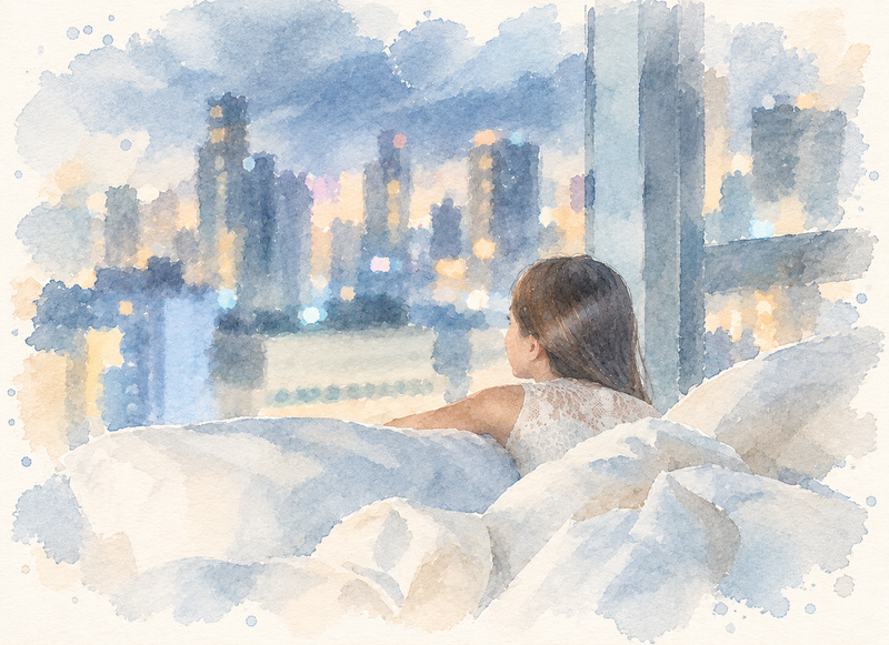 Woman relaxing before bed with a calm night routine, positive evening messages, skincare, and a screen-free bedtime ritual.