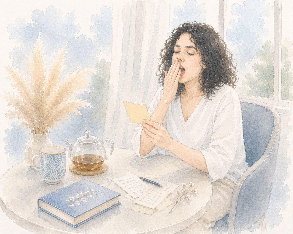 Woman starting her morning routine with tea and affirmation cards to boost positive energy and improve mental well-being.