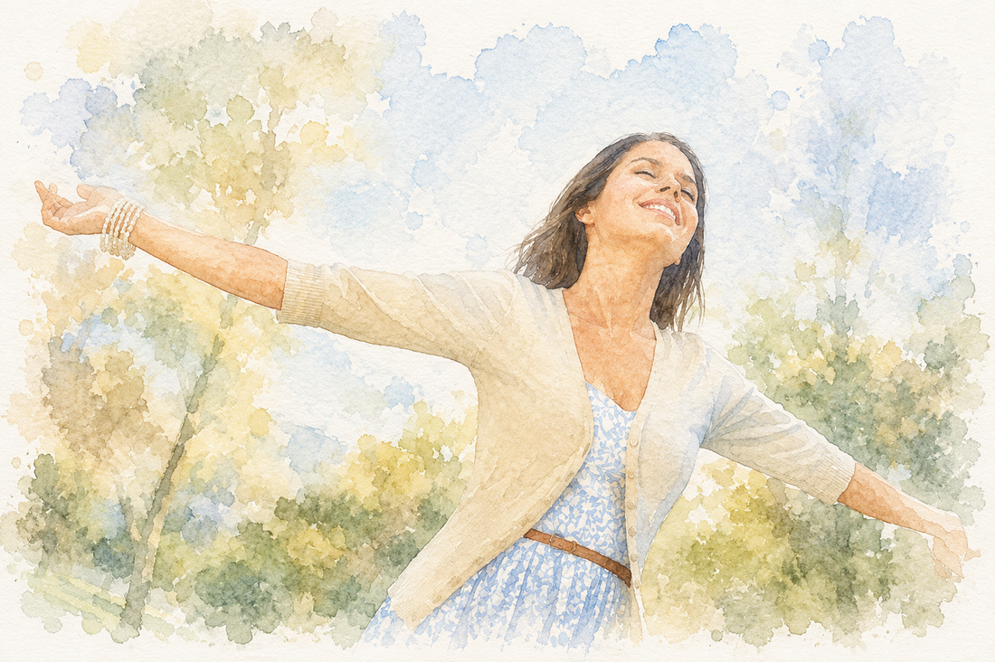 Soft watercolor illustration of a joyful woman with outstretched arms enjoying nature, painted in a light blue pastel palette with loose watercolor textures, soft green trees, and an airy sky.