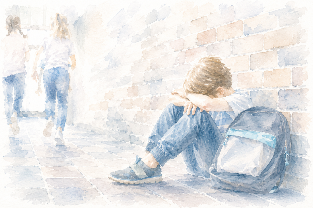 Watercolor illustration of a sad child sitting alone against a brick wall at school while other children walk away, symbolizing loneliness, bullying, and the importance of helping children express their feelings and emotions.