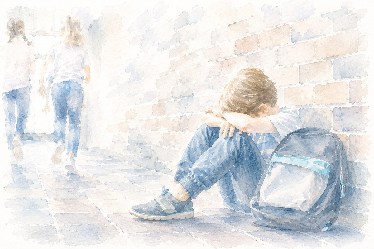 Watercolor illustration of a sad child sitting alone against a brick wall at school while other children walk away, symbolizing loneliness, bullying, and the importance of helping children express their feelings and emotions.